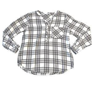 mySTYL Womens Shirt Top Plaid Button Up Long Sleeve Black White Pullover Large